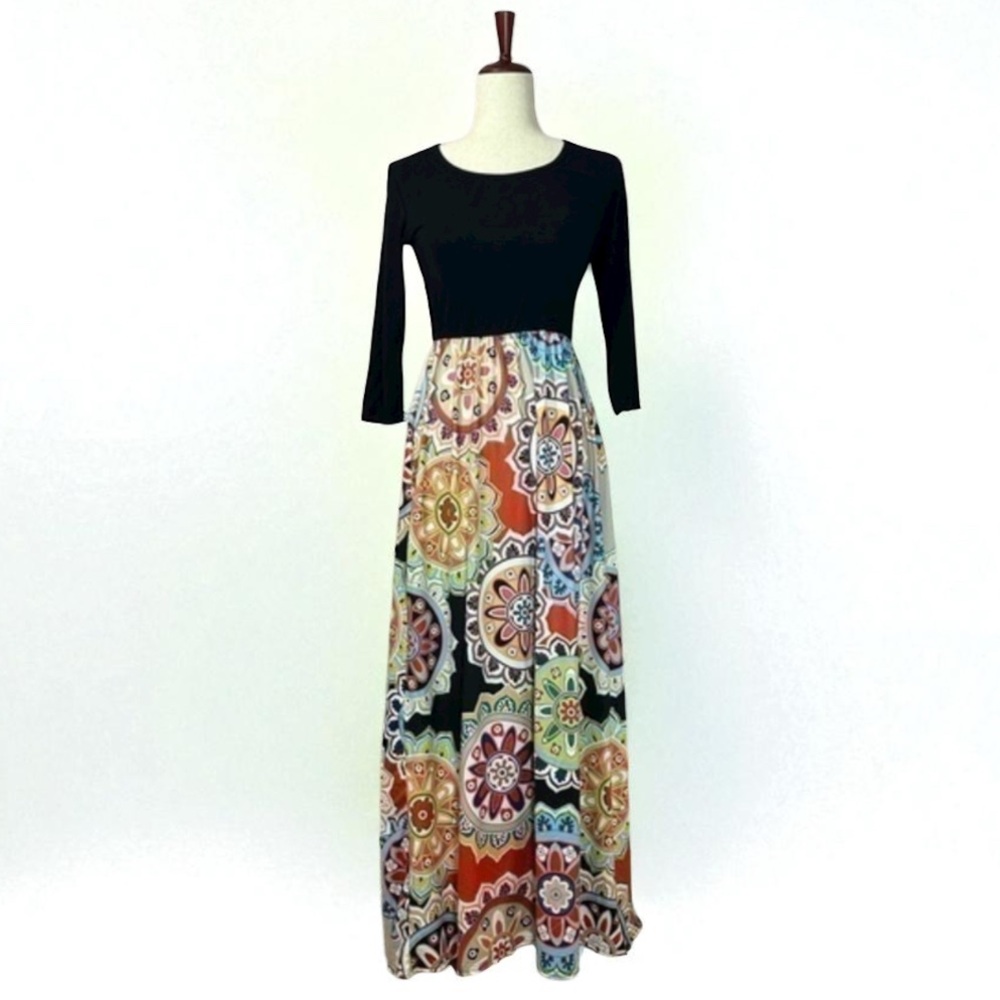 Floral Patterned Maxi Dress - Black and Multicolor nwot